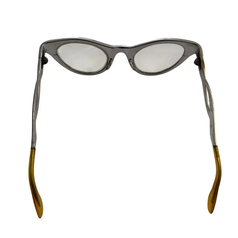 Vtg‎ American Optical Aluminum Cat Eye Glasses 1950s Engraved Silver AO Frames